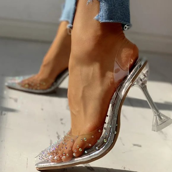 pyramid heel Translucent silver transparent shoes with trendy heels 8US … - Picture 7 of 8